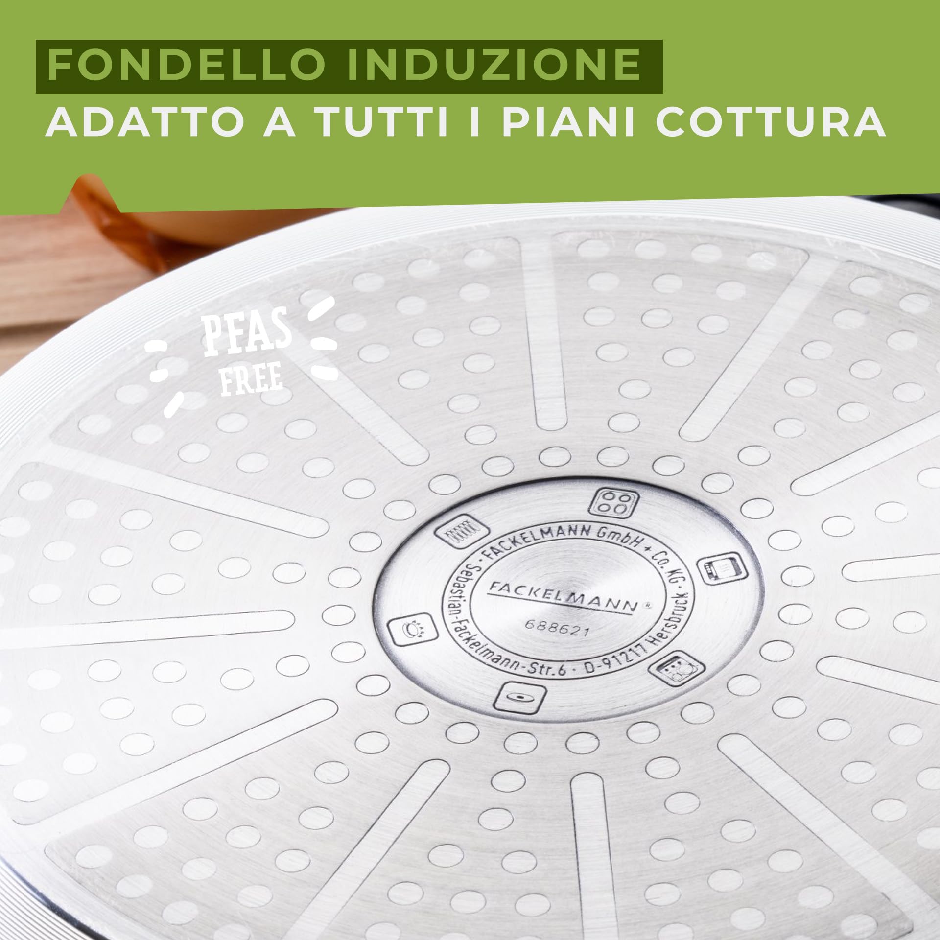 Fackelmann Padella Antiaderente Ø20 cm in Alluminio Riciclato PFAS FREE per una cottura sana, Padella per Induzione con Fondo Nido d’Ape, Manico Soft Touch, Linea Oliva