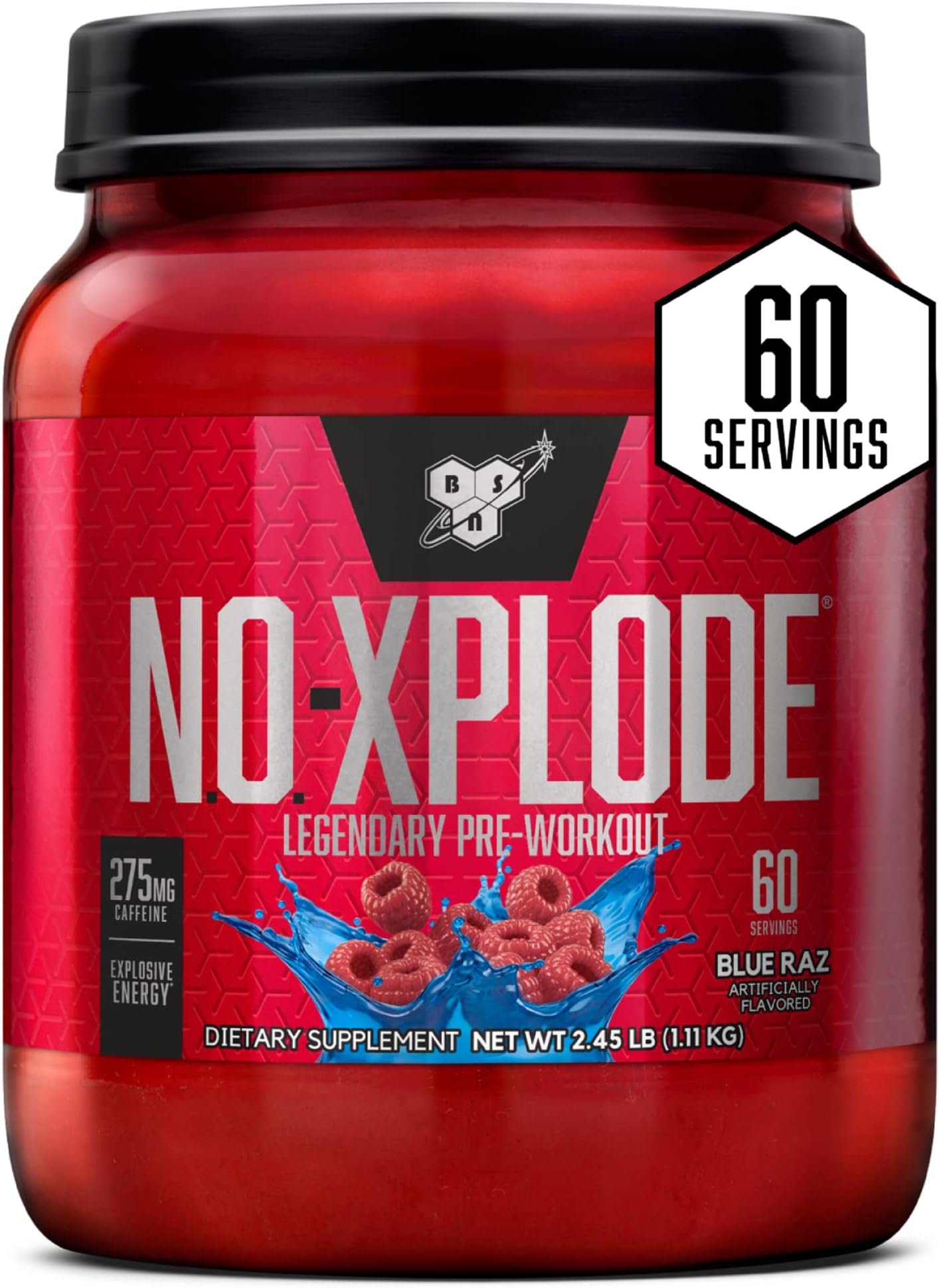 N.O.-XPLODE Pre Workout Powder, Energy Supplement for Men and Women with Creatine and Beta-Alanine, Flavor: Blue Raz, 60 Servings