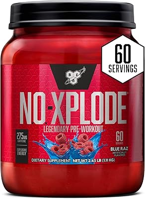 BSN N.O.-XPLODE Pre Workout Powder, Energy Supplement for Men and Women with Creatine and Beta-Alanine, Blue Raz, 60 Servings, 2.45 Pound Packaging May Vary