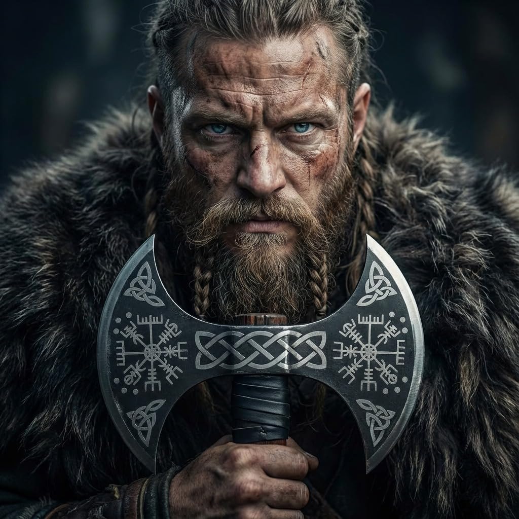 FORGE HIDE - Double Headed Viking Axe 27", High Carbon Steel Norse Dane Axe with Ash Wood Straight Shaft, Scandinavian Nordic Axe, Leather Scabbard, Gift for Men