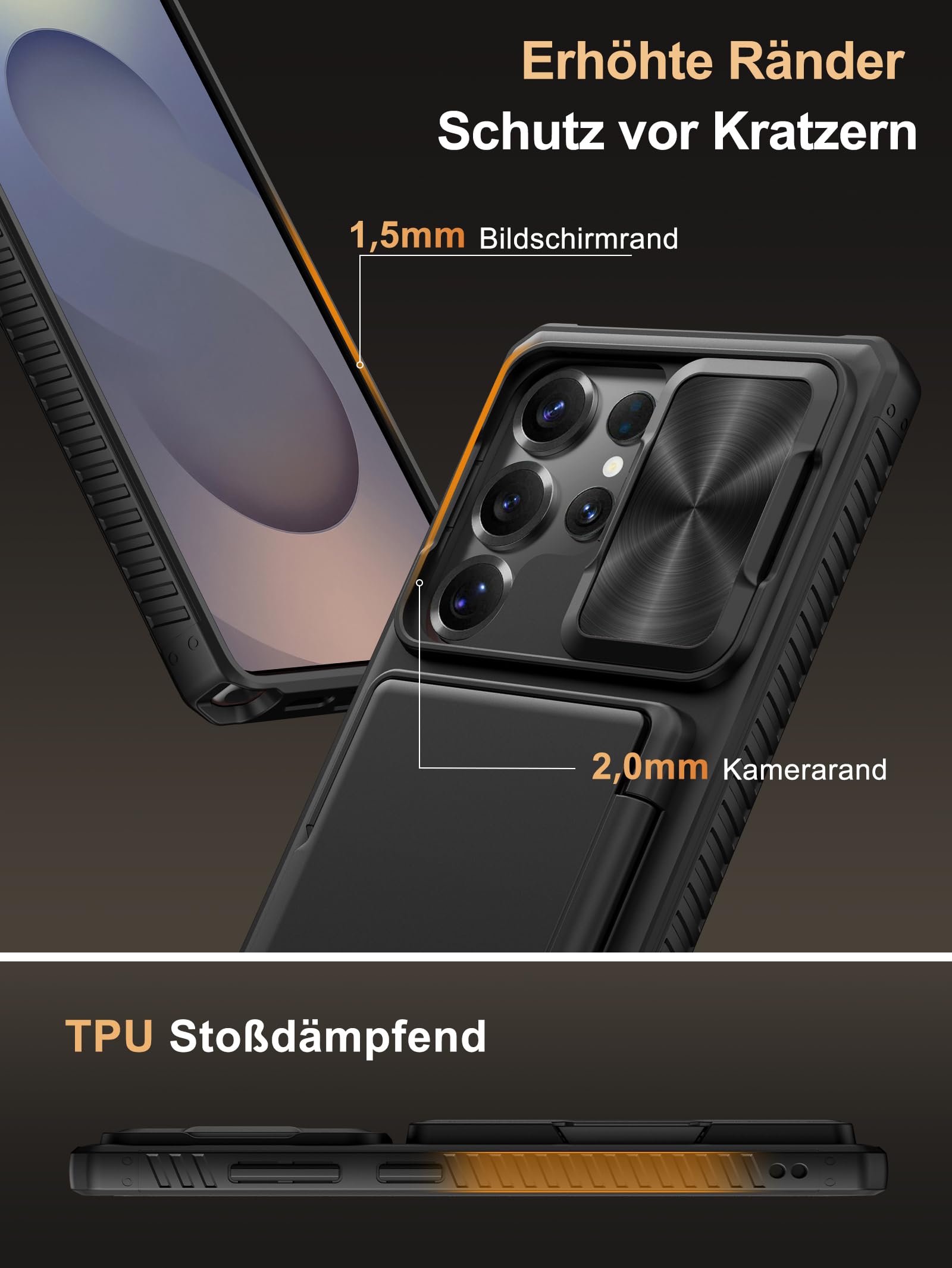 Vihibii für Samsung Galaxy S25 Ultra Hülle mit Kartenhalter (4 Karten) [RFID Blocker] & Kameraschutz Schieber, Militärschutz Stoßfeste Kratzfest Robuste Schutzhülle für Samsung S25 Ultra 6,9", Schwarz