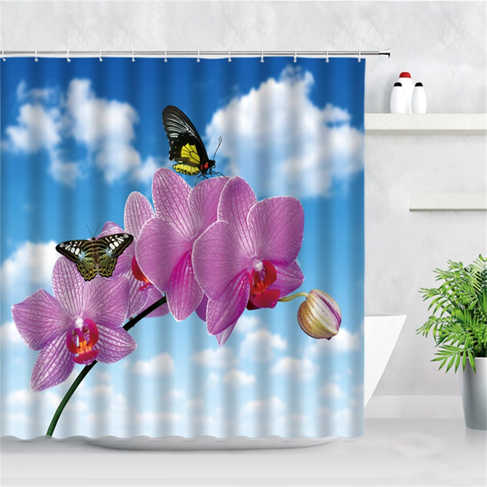 orchidée papillon Rideau Douche W300cm x L200cm Rideaux de Douche Anti Moisissure Tissu Imperméable avec Crochets,Rideaux Lourd Polyester Lavable,3D Shower Curtain Baignoire Salle de Bains Decor M-132