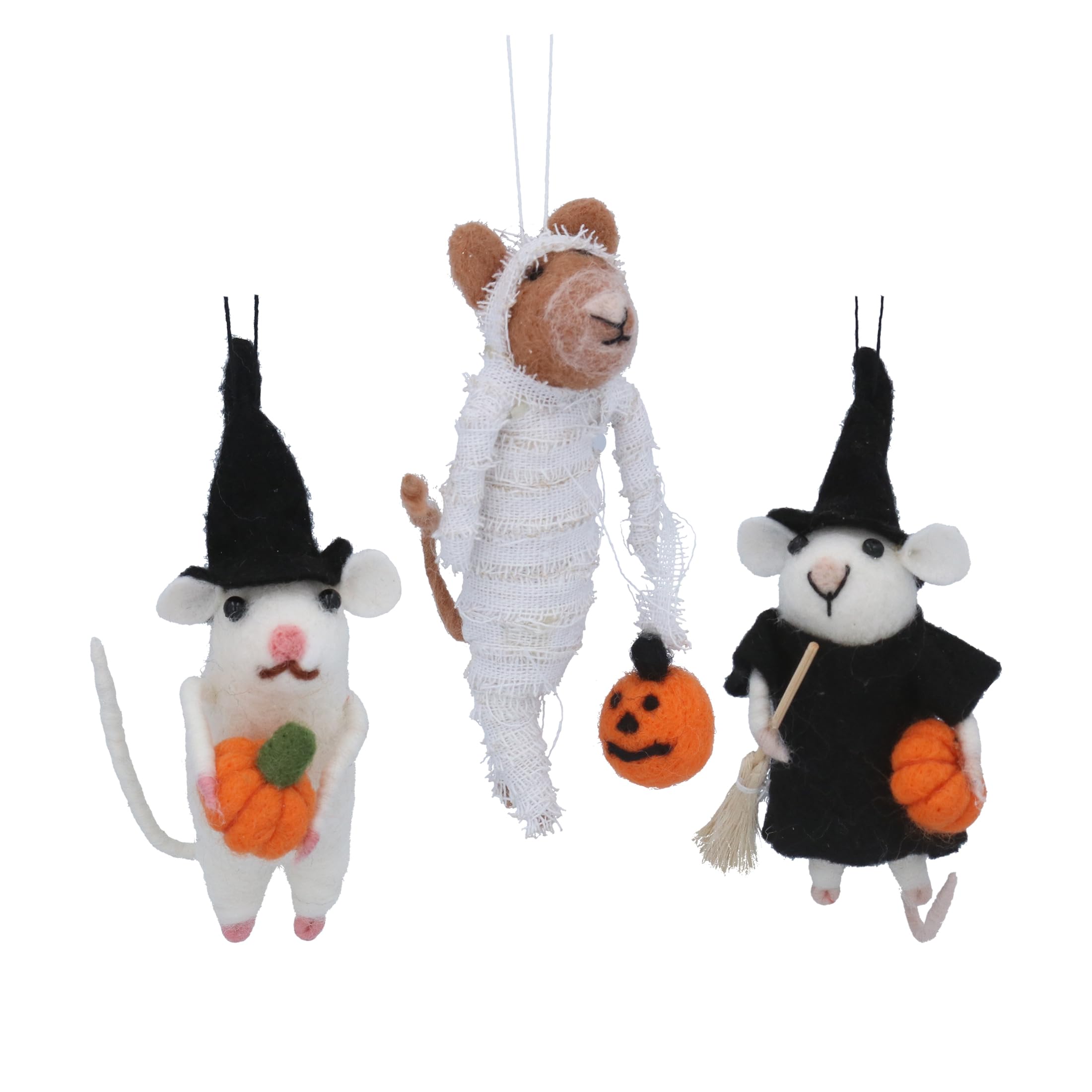 Gisela Graham Wool Dressed Halloween Mouse With Pumpkin Hanging Decoration Set Of 3