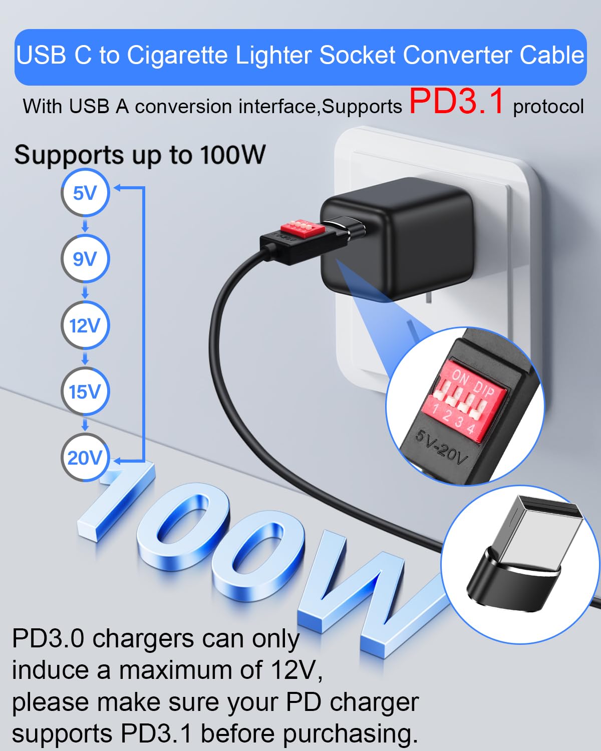 Adattatore USB C a accendisigari auto, 100 W, con adattatore USB A, interruttore DIP regolabile da 5 V/9 V/12 V/15 V/20 V, per dash cam, GPS, ecc