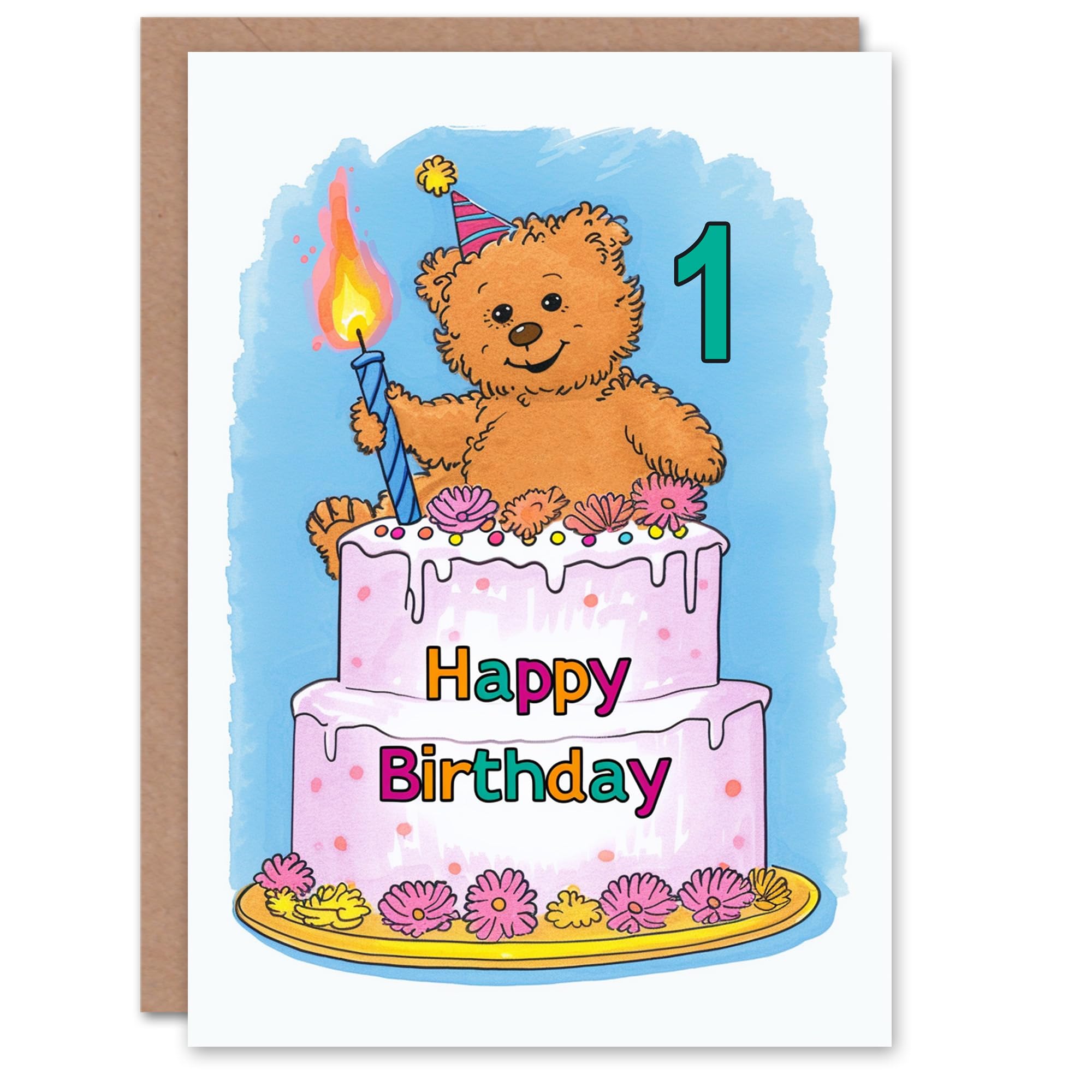 Artery8 1st Birthday Card - Teddy Bear Cake Design - Blue