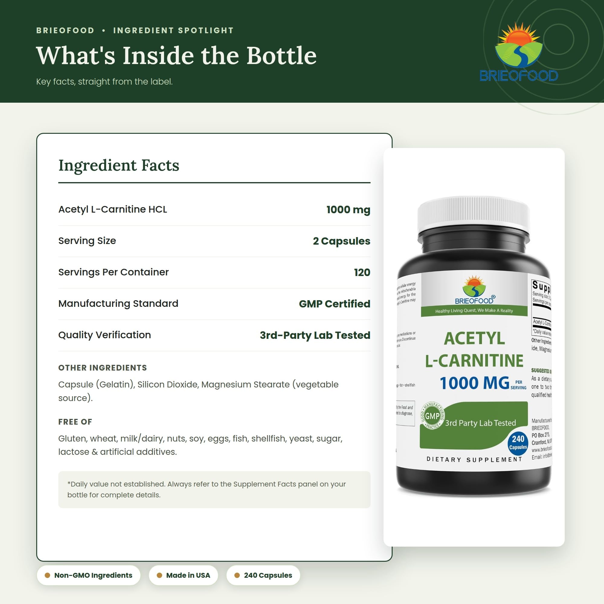 Brieofood Acetyl L-Carnitine 1000 mg Per Serving- 240 Capsules. Gluten-Free, Non-GMO. — Amazon image 3