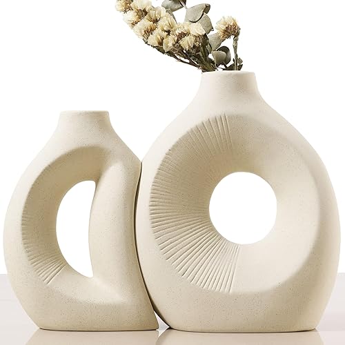 Joeabor Ceramic Vase Set of 2 - Handcrafted Ceramic Vases for Home Decor & Shelf - Modern Farmhouse Decor for Kitchen, Office, Bedroom & Living Room Decorative Objects for Mantel, Table Centerpieces