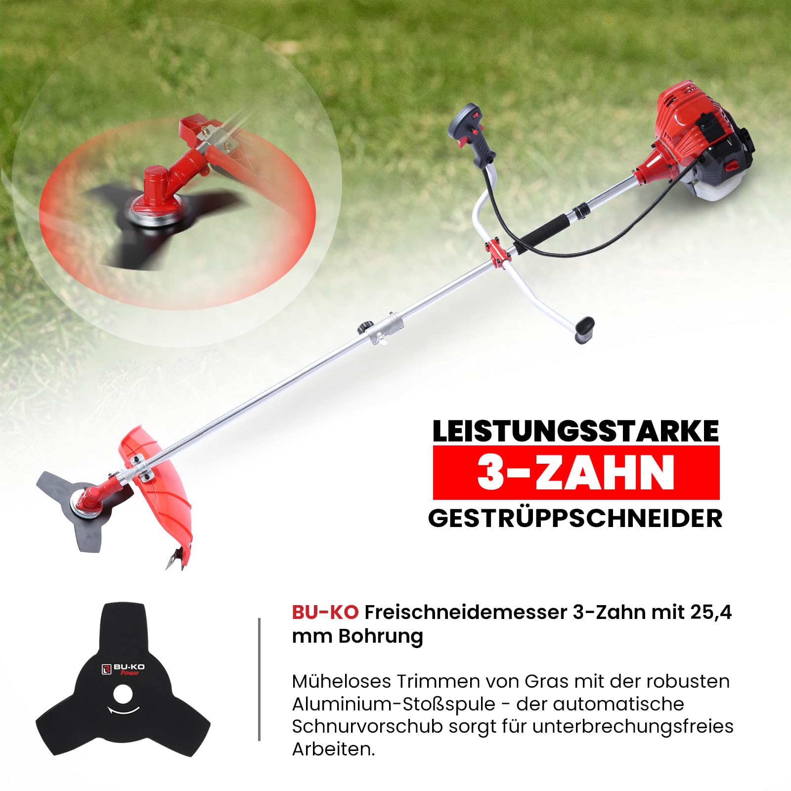 BU-KO 52cc Motorsense Benzin Rasentrimmer Garden Tool inklusive: String Trimmer, Freischneider mit 3T Blade, Stahldraht Strummer Wildkrautbürste Schneidemesser. Tolles Outdoor Tool