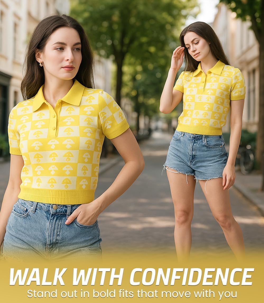 Womens Short Sleeve Sweater in Yellow with Medium Size | Short Sleeve Sweater for Women in Checkerboard Pattern | Womens Knit Tops Sweater Polo Women with Front Button Placket - Image 5