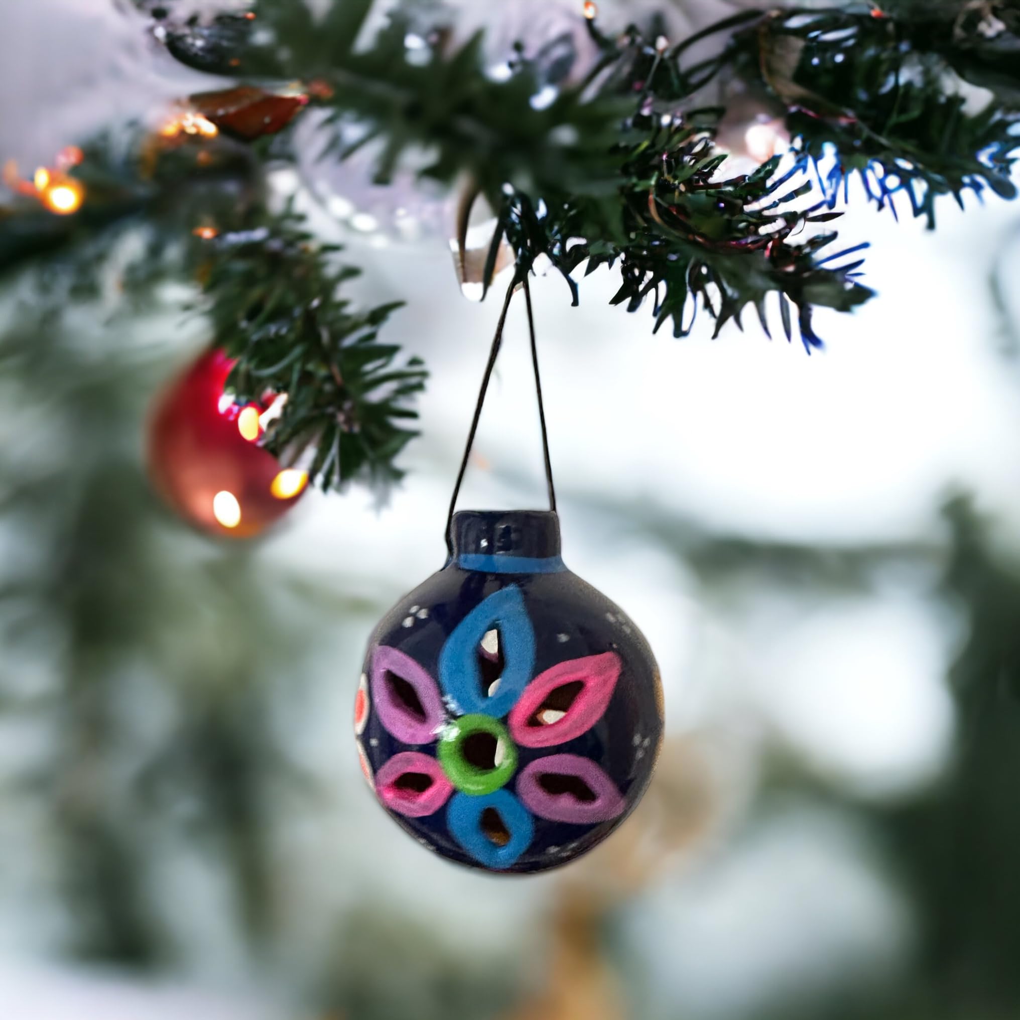 Set of 4 Mexican Talavera Christmas Ornaments - Holiday Decor Handmade Folk Art Decor, 3" Round, Eyelet Opening, Colorful and Vibrant