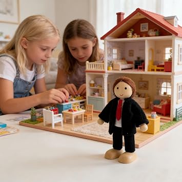 HYSTYLE 12 Pieces Wooden Dollhouse Family Set with Dog Cat Mini People Figures Dollhouse Dolls Wooden Doll Family Pretend Play Figures Accessories for Pretend Dollhouse (Style 4)