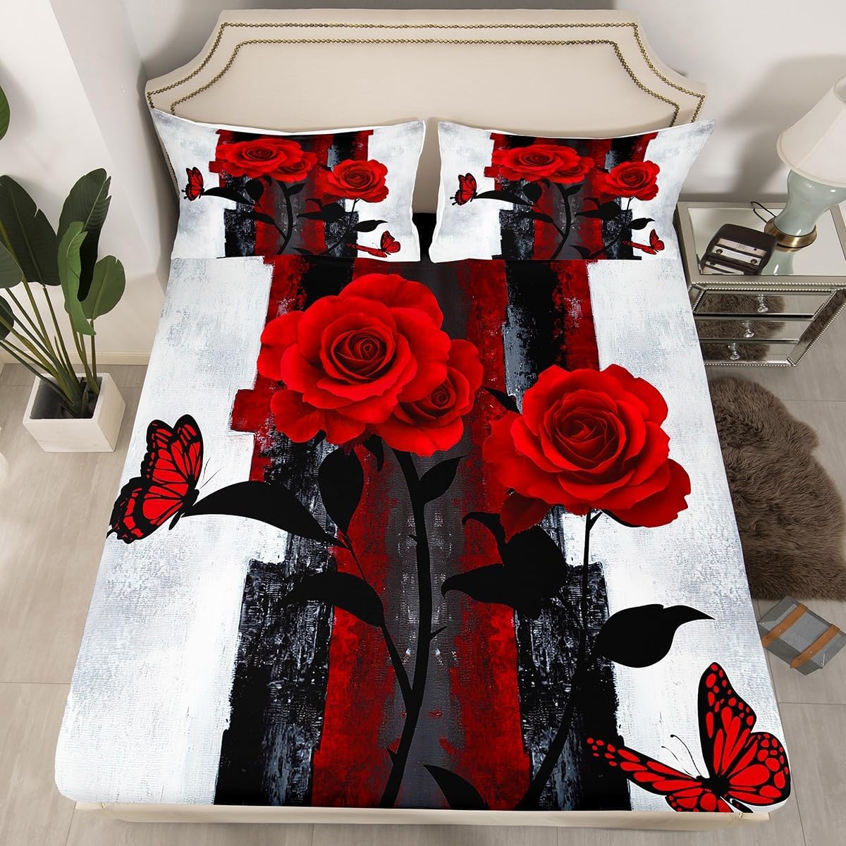 Red Rose Bed Sheets Queen,Grunge Black White Ombre Bedding Set for Adult,Vintage Watercolor Artwork Fitted Sheet,Oil Painting Butterfly Floral Bed Cover + 2 Pillow Shams Bedroom Decor