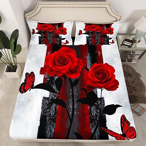 Miniatura 2 de Juego de sábanas de rosas rojas tamaño Queen, juego de ropa de cama grunge negro y blanco degradado para adultos, sábana bajera de acuarela vintage,