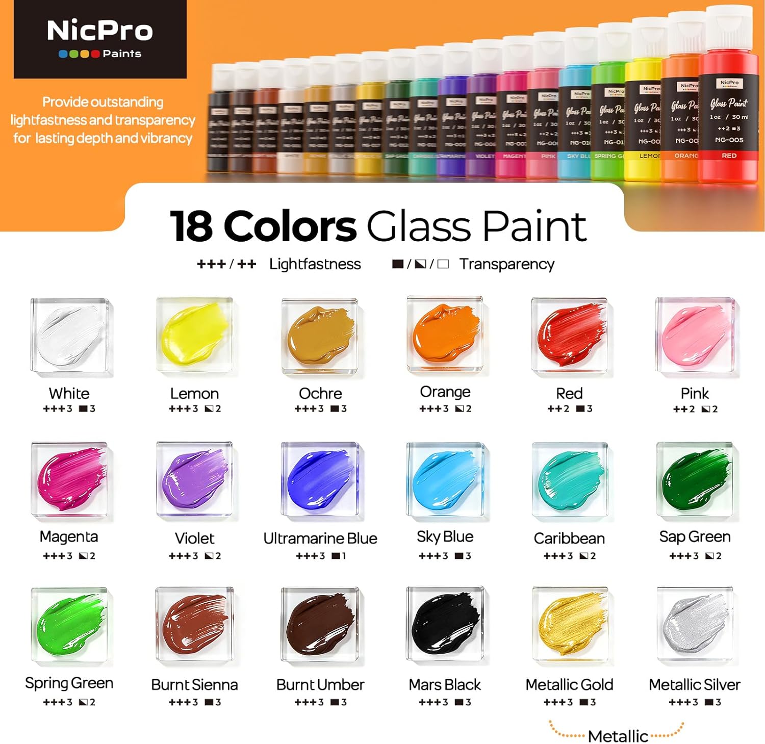 Nicpro 18 Colors Stained Glass Paint Set, 1oz / 30ml Waterproof Acrylic Enamel & Ceramic Glass Painting Kit for Arts on Transparent Wine Glasses Jars Windows with 6 Brushes & 1 Palette, Opaque Finish