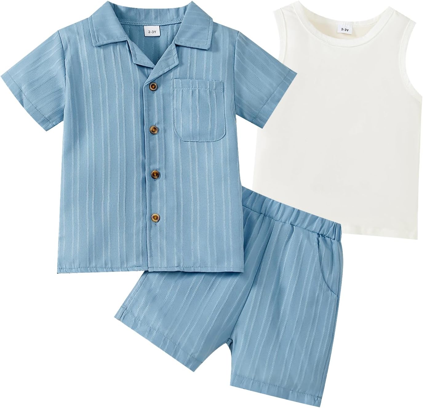 Kid Toddler Boy Clothes Short Sleeve Button-Down Shirt+Shorts+White Vest Summer Clothing Set 2-12 Years