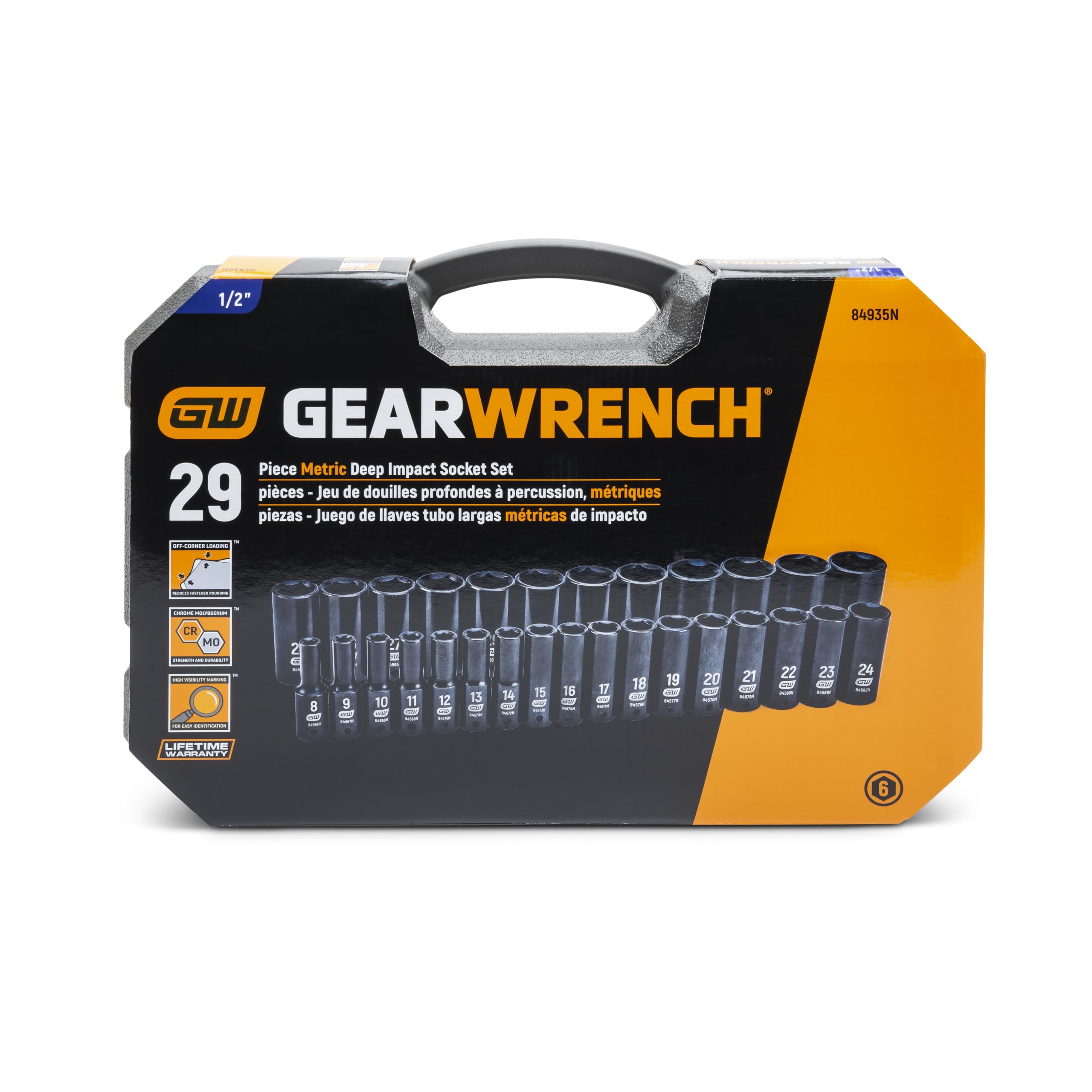 GEARWRENCH 29 szt. 1/5.1 cm Napęd 6 Pt. Zestaw nasadek udarowych, głęboki, metryczny - 84935N