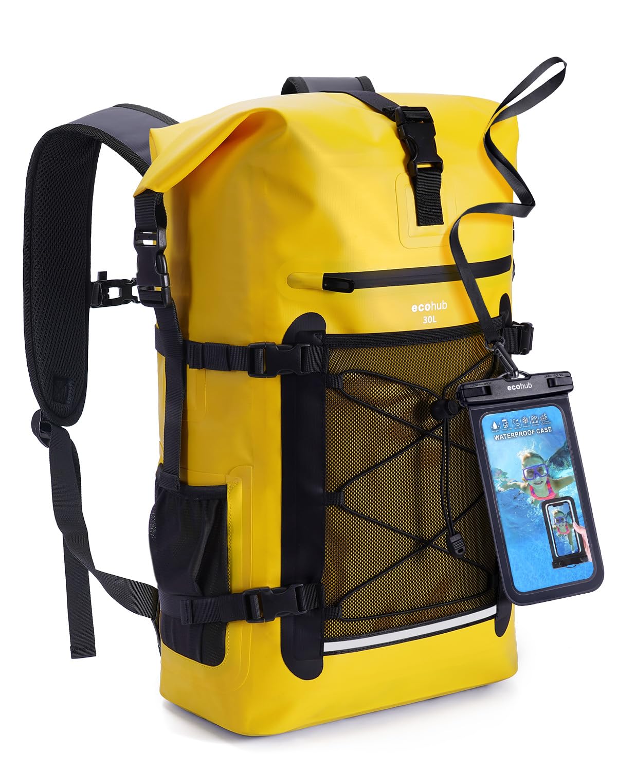 ECOHUB Waterproof Backpack for Women Men, 30L Roll-Top Closure Heavy Duty Dry Bag for Travel with IPX8 Waterproof Phone Case