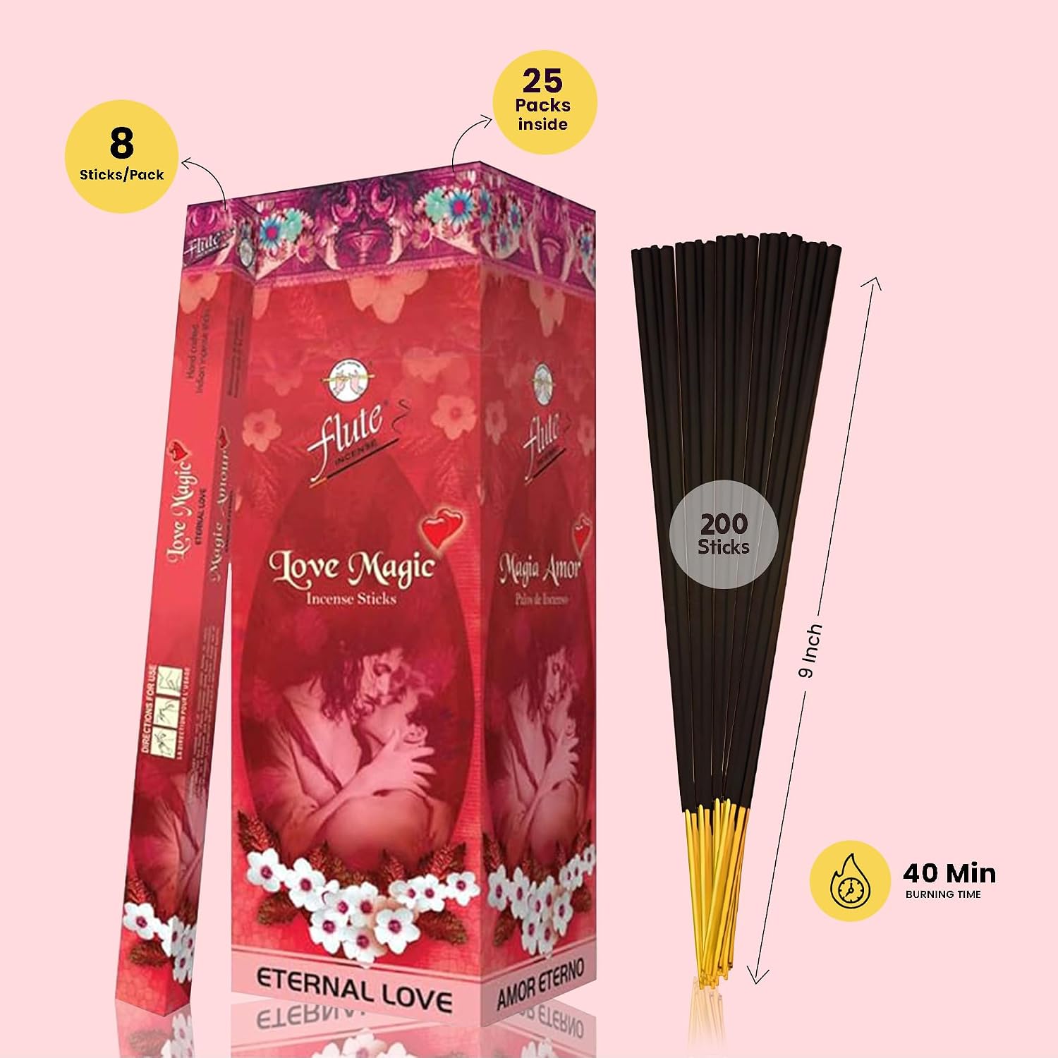 Flute Love Magic Incense Sticks – Herbal Aroma for Relaxation, Freshness & Romantic Calm – 8 Sticks/Pack, 25 Packs/Box (9 Inch, 200 Sticks) | 40 Minutes Burn Time