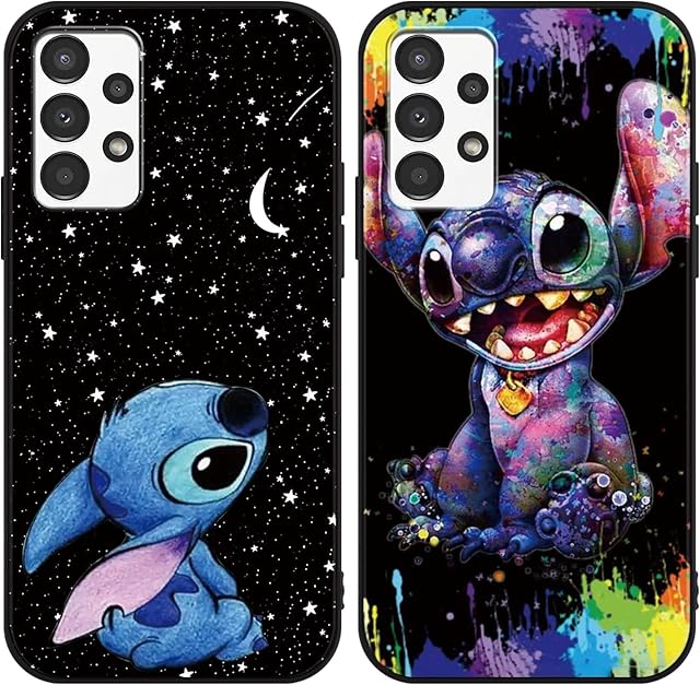 Omyzo [2 pieces Phone Case for Samsung Galaxy A13 4G 6,6",Cute Cartoon Stitch Character Fun Unique Kawaii Anime Pattern Shockproof Soft TPU Bumper Protective Balck Cover Black