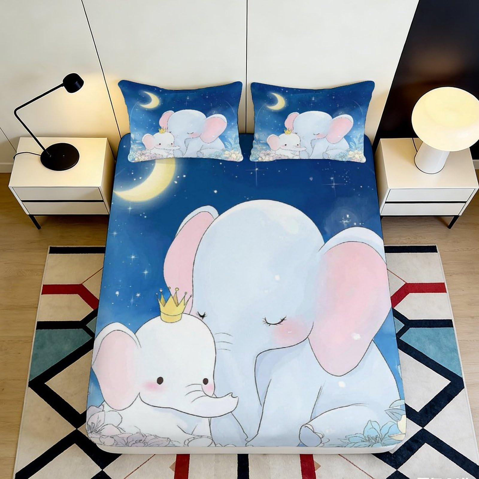 3D Printed Cute Elephant Moon Fitted Sheet Microfiber Soft Anti-Slip Bed Sheet for Bedroom Dorm Mattress Decor 90x200x25cm