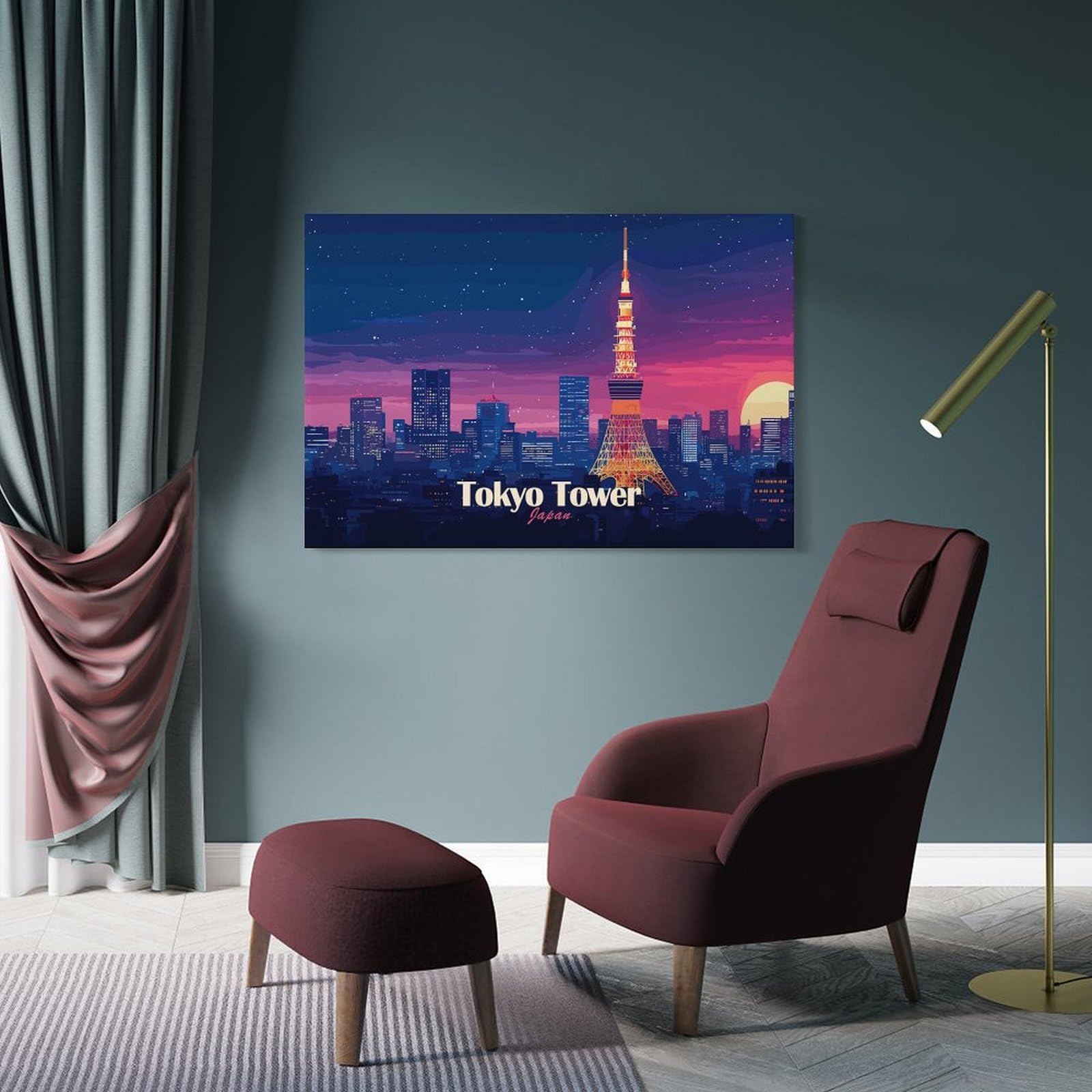 Junmoney Frame-Style-4-1 Canvas Art Print Tokyo Tower At Night, 24X36inch(60X90cm), For Office, Study Or Home Workspace, Wall Art That Adds Style To Work Areas