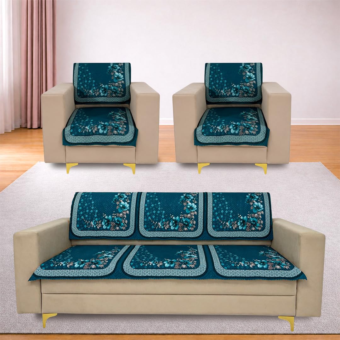 Homerz 'Brooklyn Series' Premium Sofa Cover | Quilted Floral Design | Non-Slip Washable Sofa Protector | Soft Fabric Anti-Dust Cover (Teal, 5 (3+1+1) Seater with Back)-image-45