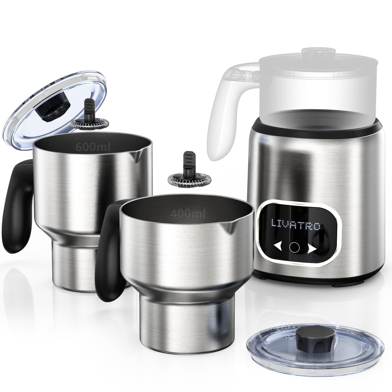 Livatro Montalatte Elettrico Con Doppia Tazza 600ml & 400ml, Cappuccinatore Elettrico In Bicchiere Inox, Montalatte A Induzione Per Schiuma Di Latte Calda E Fredda, Latte Caldo, Cioccolata Calda