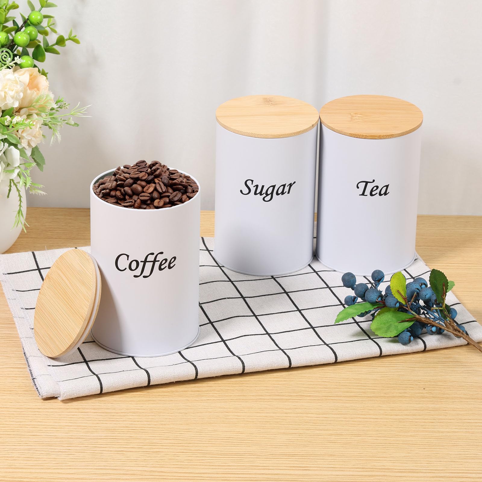 Set of 3 Tea Coffee and Sugar Canisters Set with Bamboo Lid Stackable Airtight Food Storage Canisters Versatile Kitchen Container Set Coffee Tea Sugar Container Set for Kitchen Food Storage(white)