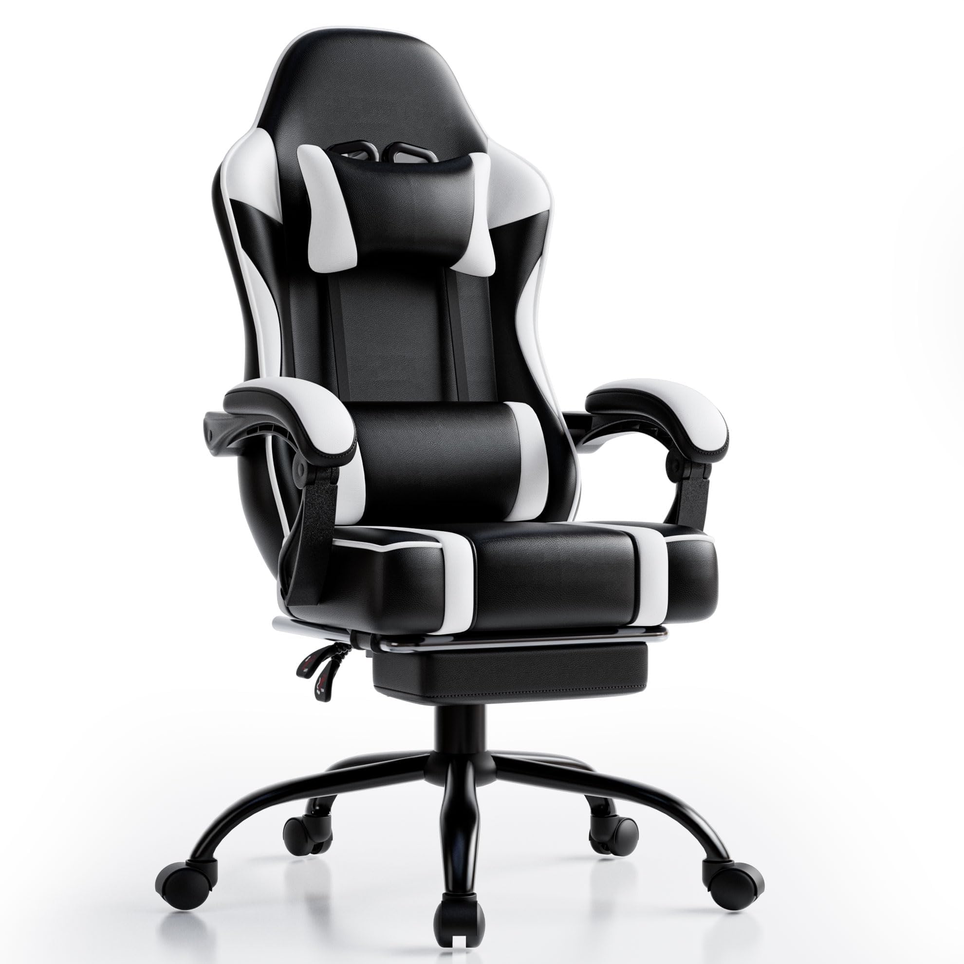 Sillas Gaming con Reposapies, Silla Gamer Adulto con Respaldo Lumbar, Silla Escritorio Gaming Ajustable en Altura, Silla Ordenador en Piel Sintética (Blanco)