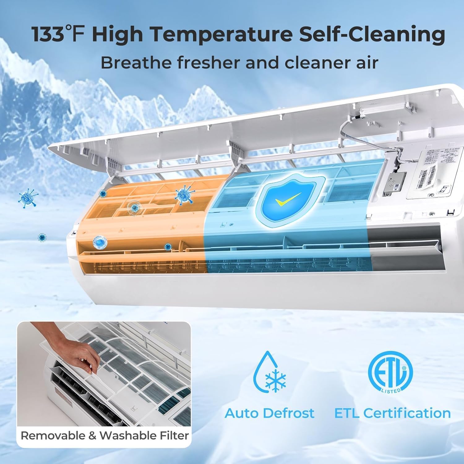 Image illustrating the 133°F high temperature self-cleaning feature of the COSTWAY mini split AC system, along with removable & washable filter, Auto Defrost, and ETL Certification.