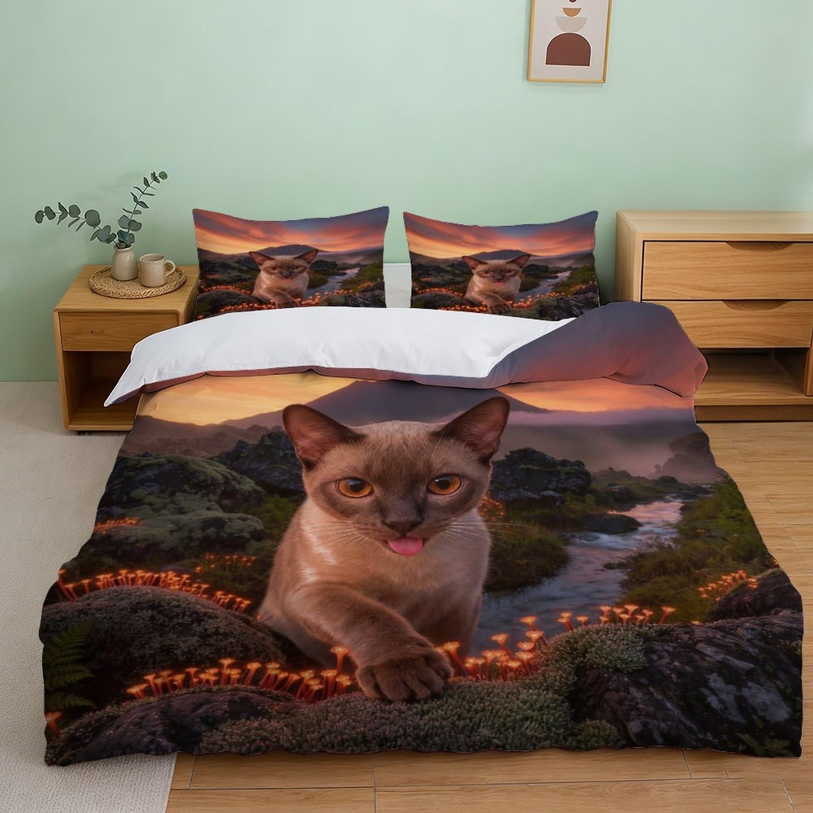 Housse de couette chat microfibre 135x200 anti-décoloration lit enfant fille garçon