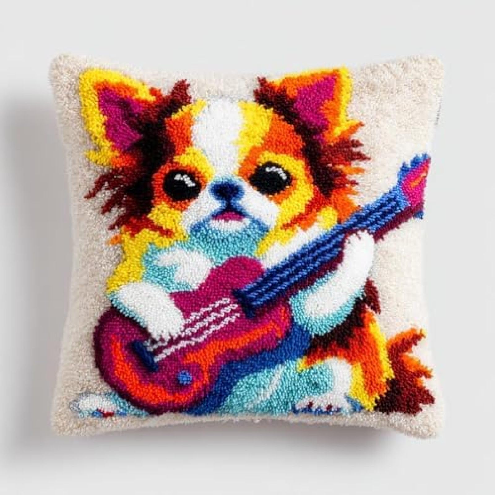 kitphoenix Latch Hook Craft Kit for Adults Beginners,Chihuahua Long Hair Playing Guitar,DIY Cushion Cover Making Kit with Printed Canvas,Yarn and Crochet Hook,43x43 cm Decorative Pillow Cover