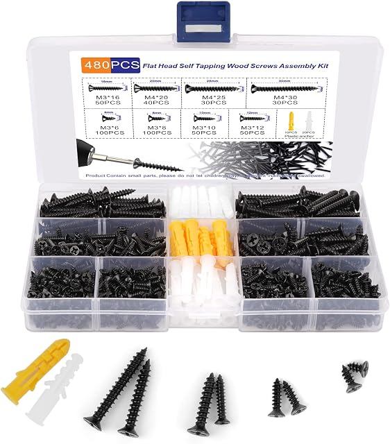 Small Screw Assortment Kit Carbon Steel Screws M3 M4 Self Tapping Wood Screws Set for Home DIY Projects(480pcs)