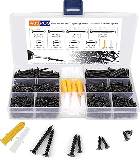 480pcs Wood Screws Assortment Kit, M3 M4 Small Screws Set, Phillips Drive Flat Head Self Tapping Screw, Cabinet Screws, Black Wood Screws, 8 Sizes Short Screws Fasteners with 30pcs Screws Anchorss