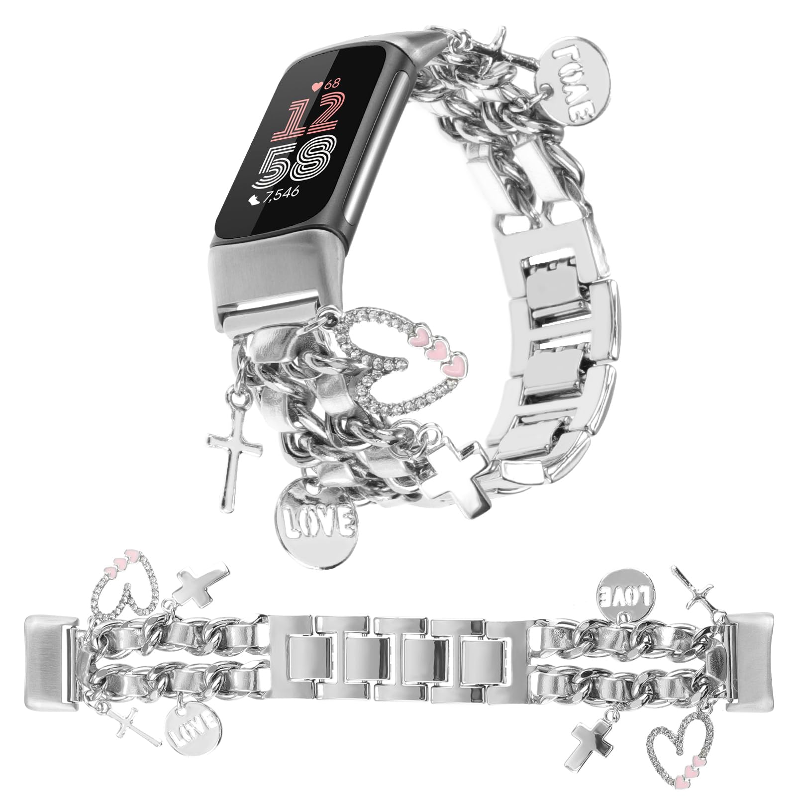 REALSIGN Stylish Metal Wristband Compatible with Fitbit Charge 6/Fitbit Charge 5 Band for Women,Cute Strap with Cross Love Pendants Chain Charms Bracelet for Fitness Tracker (Silver+Silver Leather)