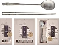 Vista 8 de [2 Set] [Hecho en Corea] Juego de palillos de cuchara de arroz pegajosa de estilo coreano con diseño de orquídea 304 cucharas de sopa de acero