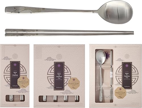 BALWOO 5 juegos Juego de cubiertos de acero inoxidable 304 con diseño de orquídea coreano, cuchara de arroz, palillos de ramen, cubiertos (5 juegos)