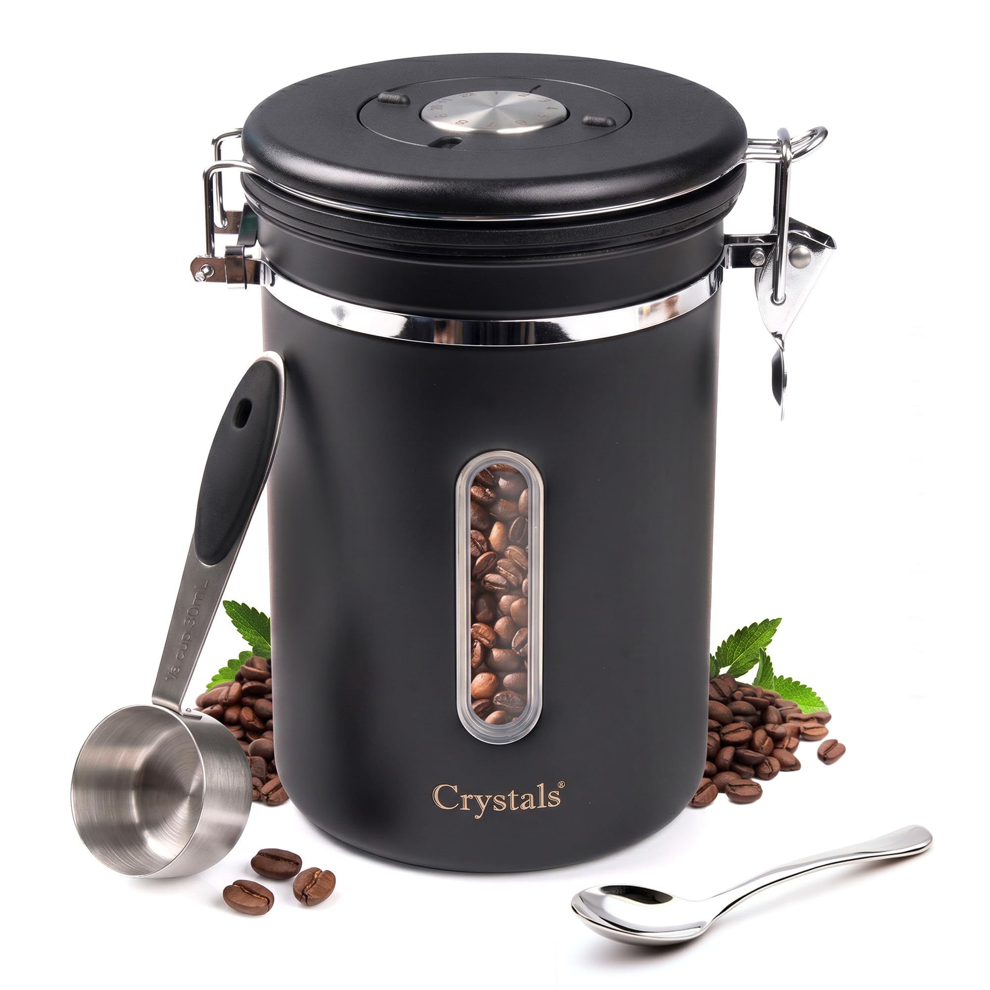 Crystals Stainless Steel Coffee Canister 1800ml – Airtight Vacuum Coffee Bean Storage Jar, Date Tracker & Scoop, Food Storage Container for Coffee, Tea, Office, Camping, Sugar & Dry Goods_Black