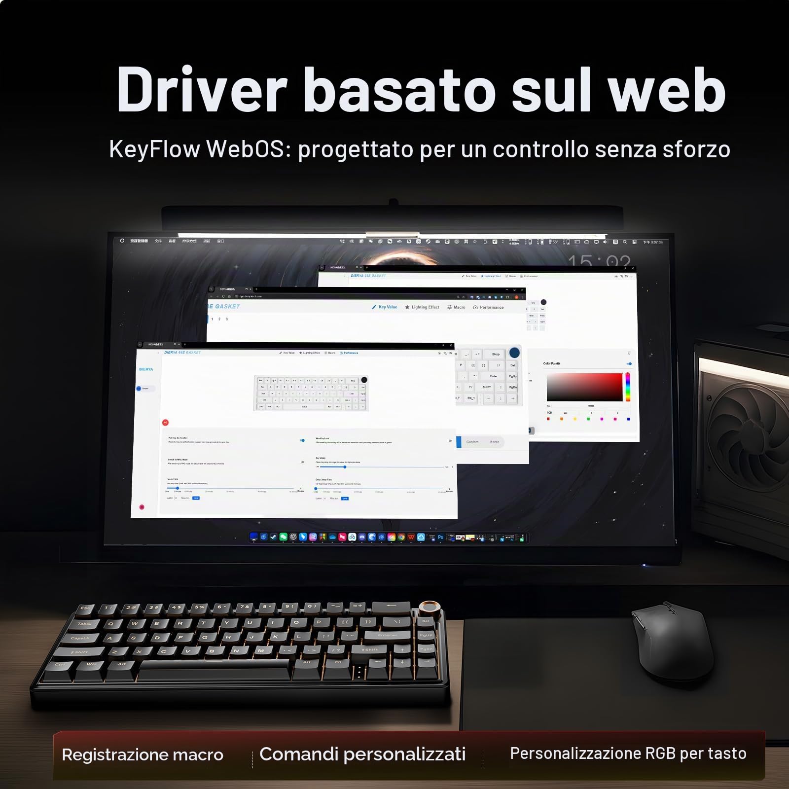 Dierya DK68E Tastiera Gaming, 60% Tastiera Meccanica Gasket con Manopola,Hot-Swap RGB, Compatta 66 Tasti Anti-Ghosting, Layout QWERTY-US (Nero, Interruttori Lineari Creamy)