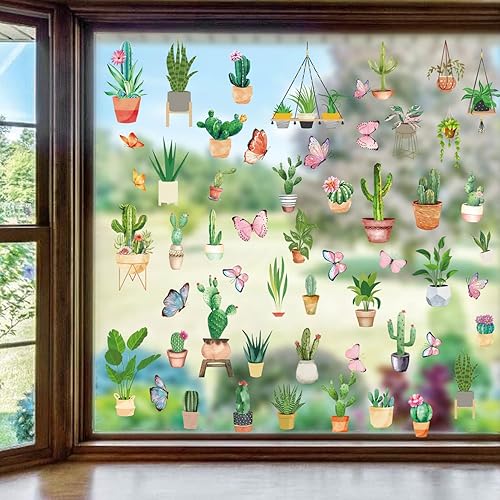 Miniatura 2 de ORIGACH 9 hojas de 56 piezas de calcomanías para ventana de plantas en maceta, cactus suculentas, puertas de vidrio, calcomanías anticolisión para
