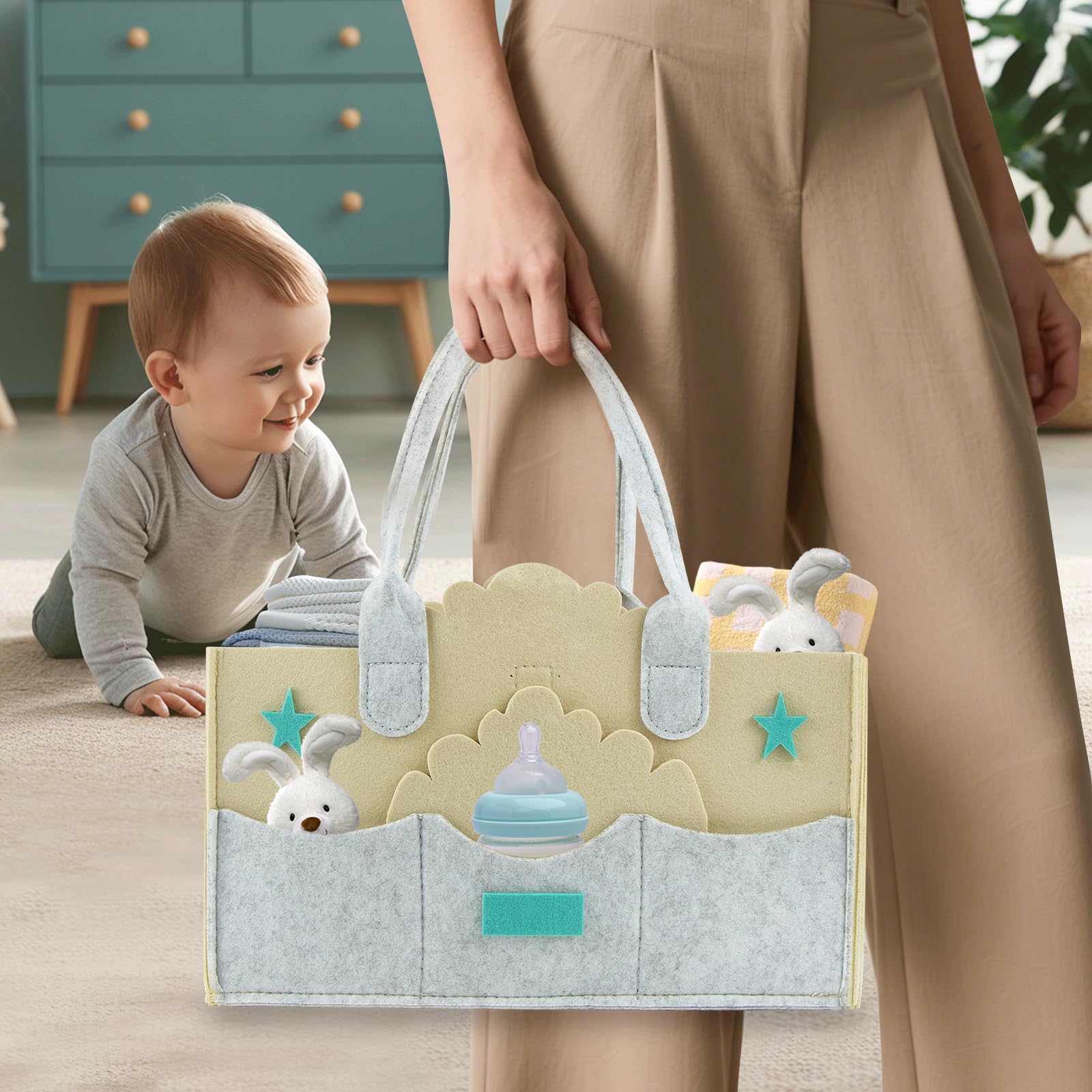 Organizador Pañales, Cesta Cambiador Bebe, Organizador pañales bebe Portatil, Cesta Bebe para Pañales con Compartimentos y Asa, Ideal para Organizar y Guardar Artículos para Bebés