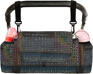CUPADA Universal Baby Stroller Organizer Bag Periodic Table Elements, Stroller Organizers with Insulated Cup Holders Black Detachable Shoulder Strap Storage Carrying Diaper and Snacks