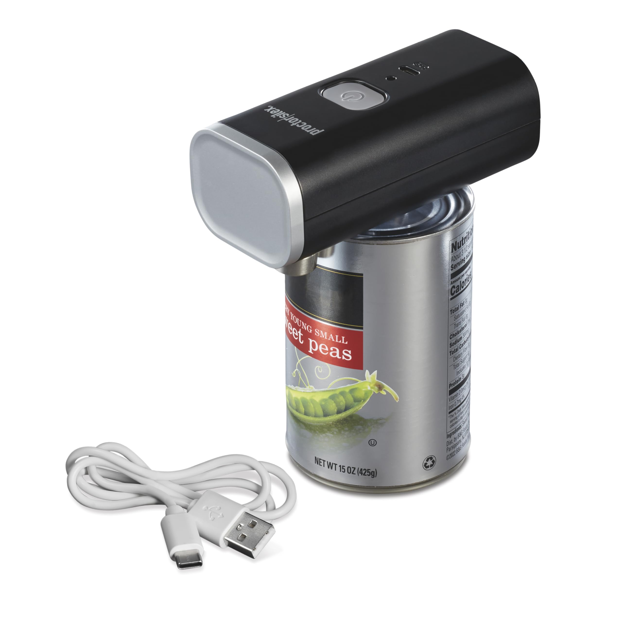 Proctor Silex Automatic Electric Can Opener, Hands Free Cordless Operation & USB Rechargeable, Self-Aligning, Cut Smooth Touch Lid Edges, Compact and Easy to Store, Black