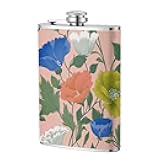 Color Floral Flower Pattern Pocket Hip Flask 8 Oz, Stainless Steel Flagons For Dad Groomsman Wedding Travel Camping