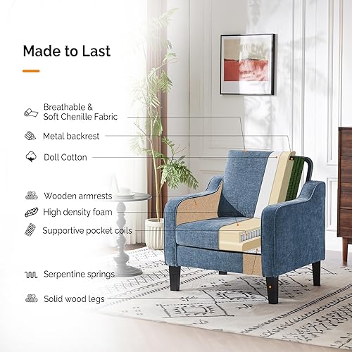 Miniatura 6 de VINGLI Silla decorativa moderna de mediados de siglo, sillas de felpilla azul marino para sala de estar, sillón tapizado con brazos redondeados para