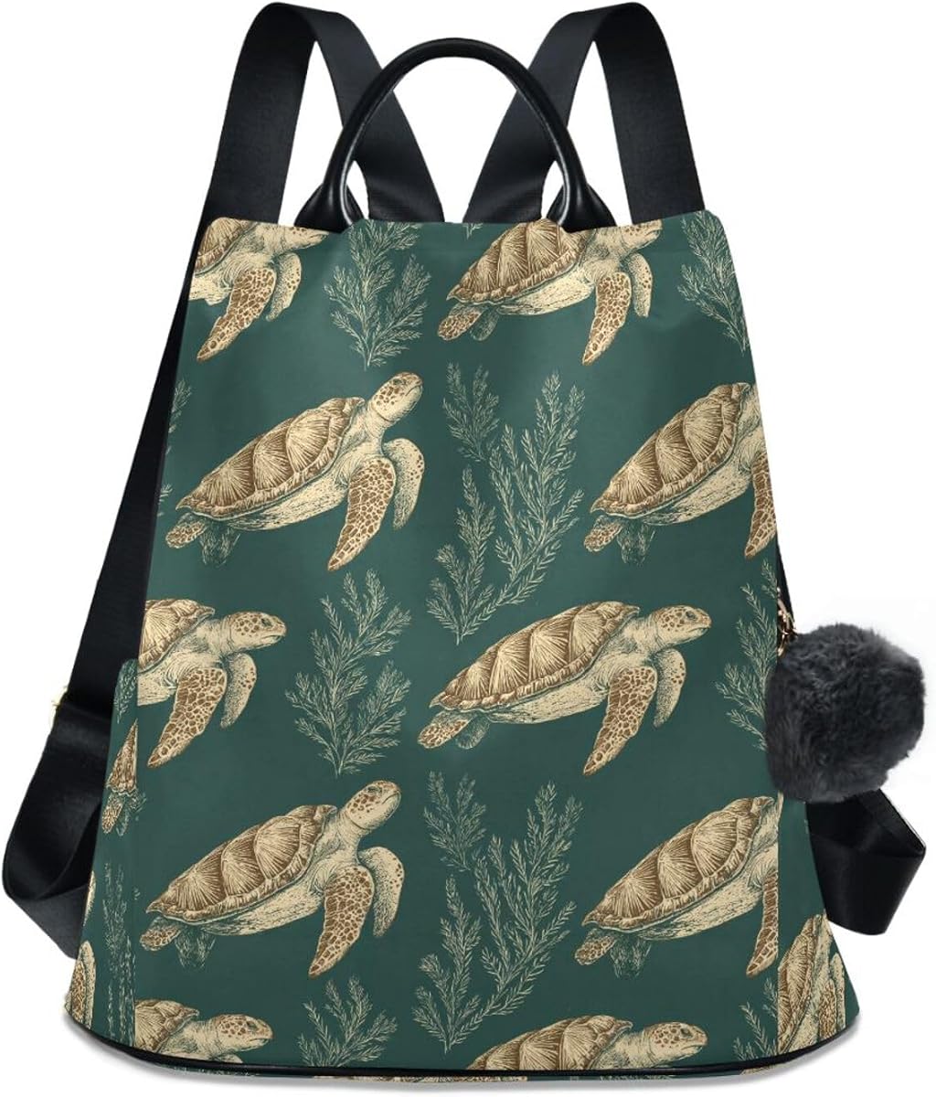 Backpack Purse for Women Turtle Green Brown Anti Theft Travel Bag Printed Fashion Daypack 17L with Back Access for Vacation Work Shopping College Daily Use