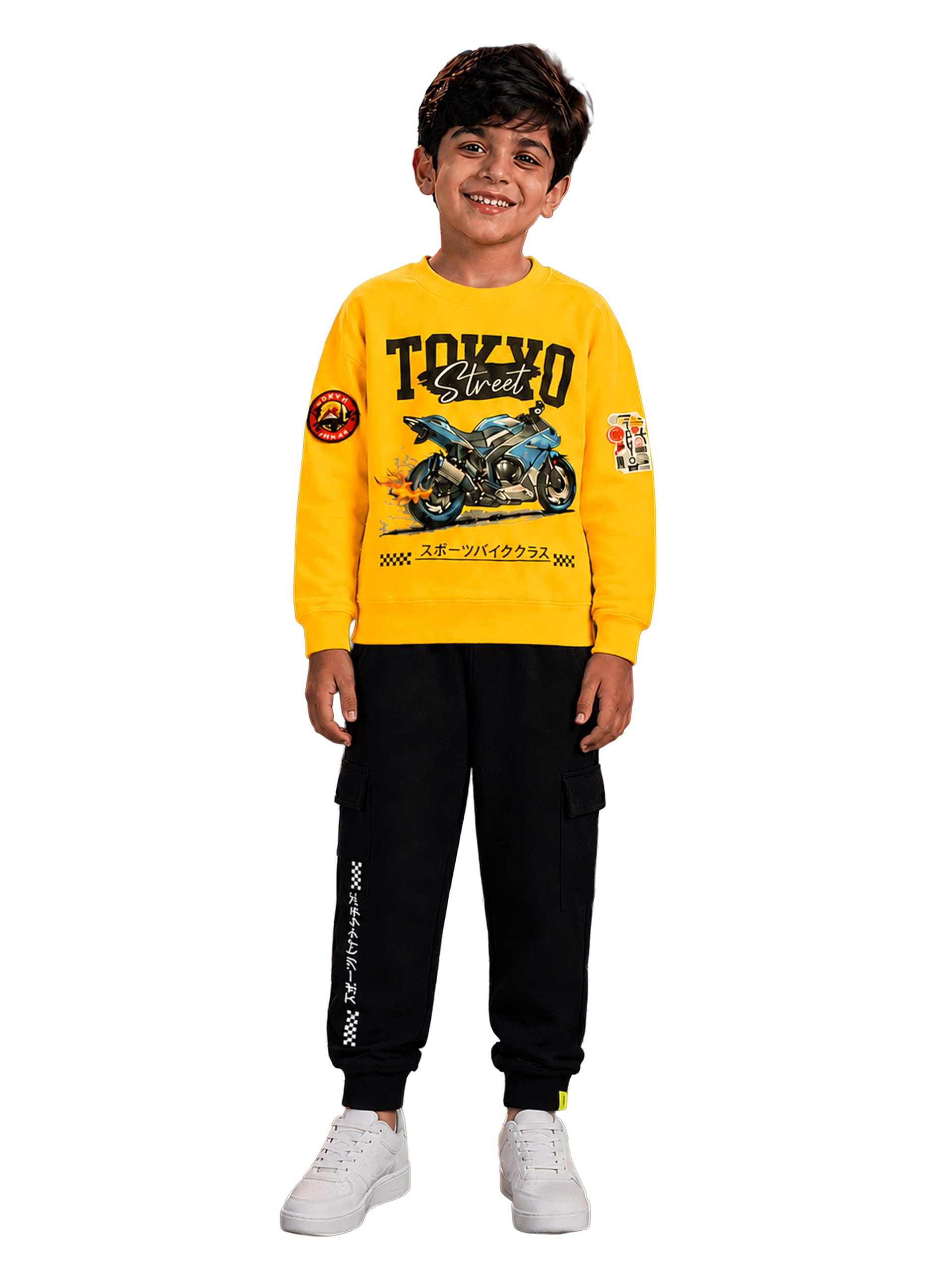 KiddoPanti Boys Tokyo Street Sweatshirt with Tokyo Sports Club Print Fleece Cargo Joggers Co-ord Set, Cyber Yellow Tokyo Street Bike/Black Sports Club-2-3Y-picture-11