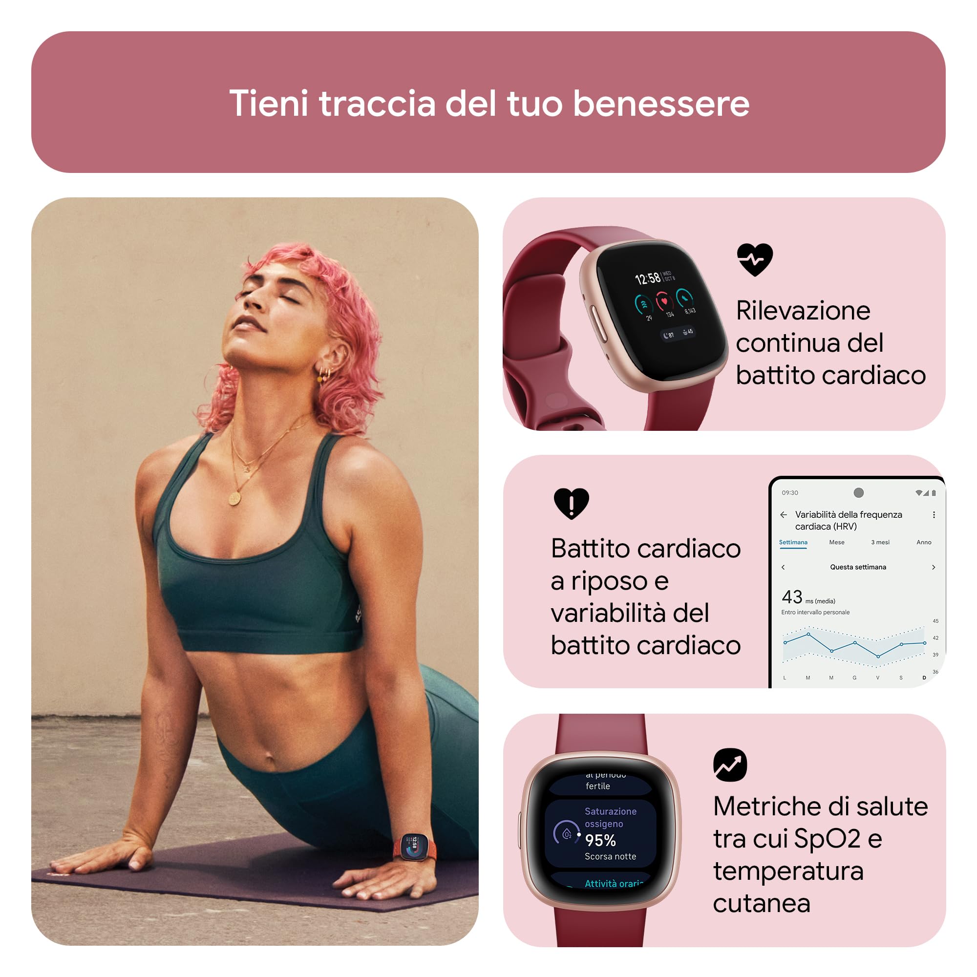 Fitbit Versa 4 Smartwatch per il fitness con abbonamento Google Health Premium di 3 mesi incluso, fino a 6 giorni di autonomia e compatibile con iOS & Android, Rosso ciliegia / Alluminio rame rosa