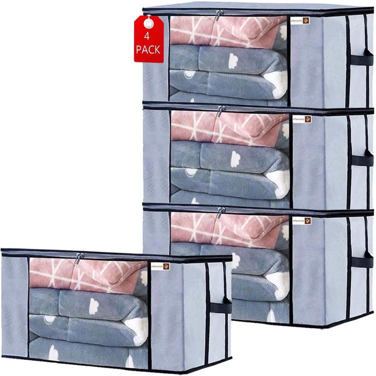 Underbed Storage Bag Storage Organizer Blanket Storage Bag for Wardrobe Organizer Blanket Cover with a large Transparent Window and Side Handles Pack of 4 Pc Grey