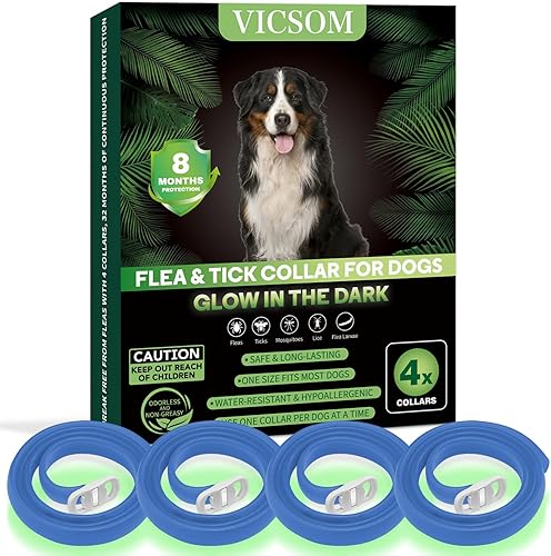 Paquete de 4 collares antipulgas para perro, collar de pulgas y garrapatas de perro que brilla en la oscuridad, 8 meses de prevención de pulgas y